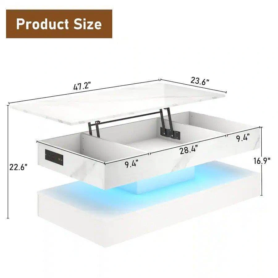 White Lift Top Coffee Table with LED Lights and Charging Station - photo 4