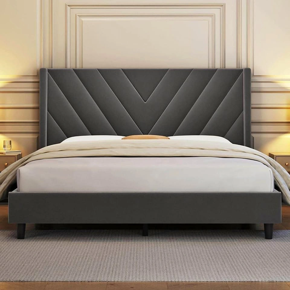 Full Size Velvet Upholstered Bed Frame with Chevron Headboard