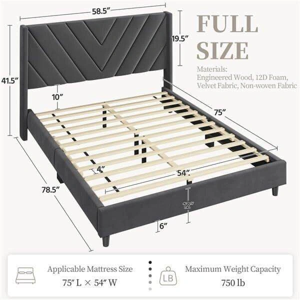 Full Size Velvet Upholstered Bed Frame with Chevron Headboard - photo 2