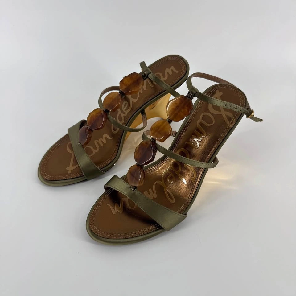 Sam Edelman Massey Olive Satin Gold Architectural Wedge Sandals