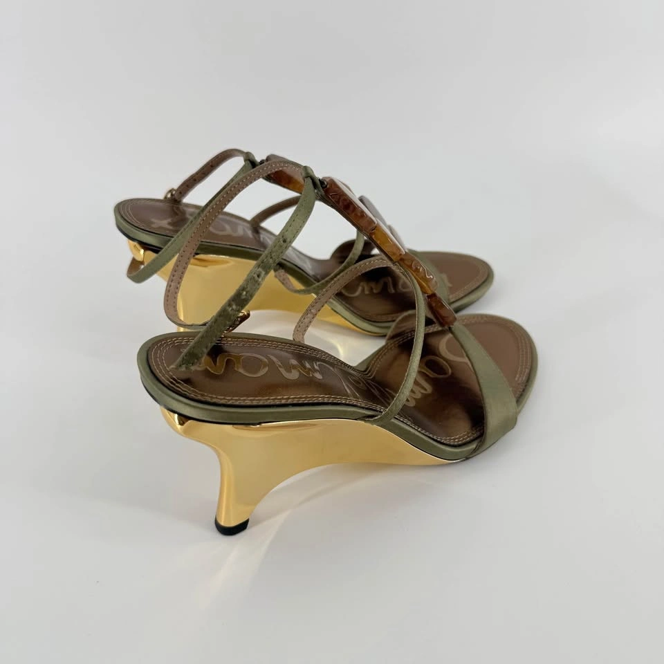 Sam Edelman Massey Olive Satin Gold Architectural Wedge Sandals - photo 3