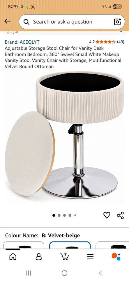 3pc, Adjustable Velvet Storage Stool Chair