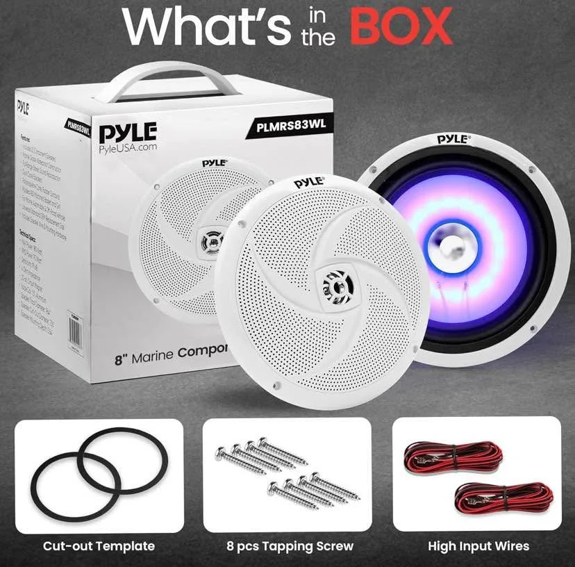 Pyle 8 Inch Marine Speakers - 160 Watt, White - Blue LED image indicator(2)