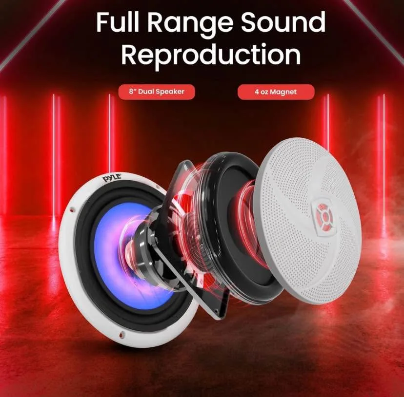 Pyle 8 Inch Marine Speakers - 160 Watt, White - Blue LED image indicator(3)