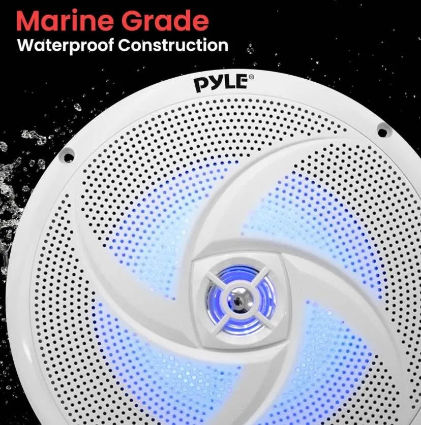 Pyle 8 Inch Marine Speakers - 160 Watt, White - Blue LED image indicator(6)