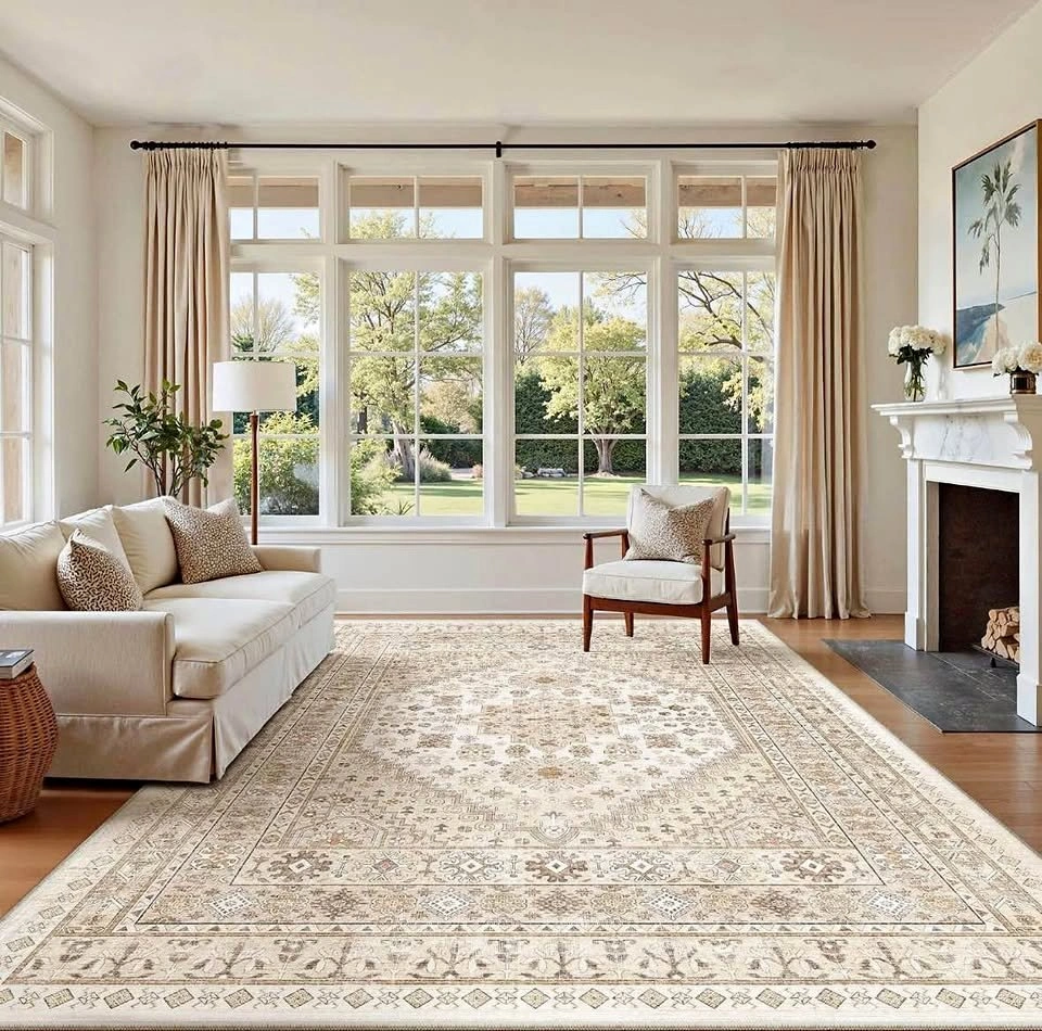 6x9 ft Beige Area Rug Carpet - Washable, Low Pile, Non-Slip