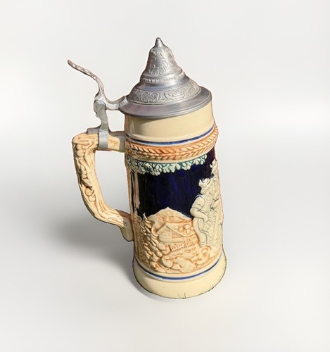 Vintage 19th Century German Beer Lidded Blue/White Stein
