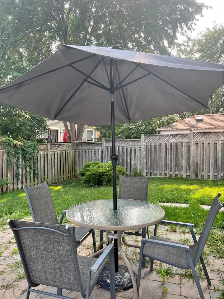 Standalone Grey Patio Umbrella + Heavy Base (No Table/Chairs)