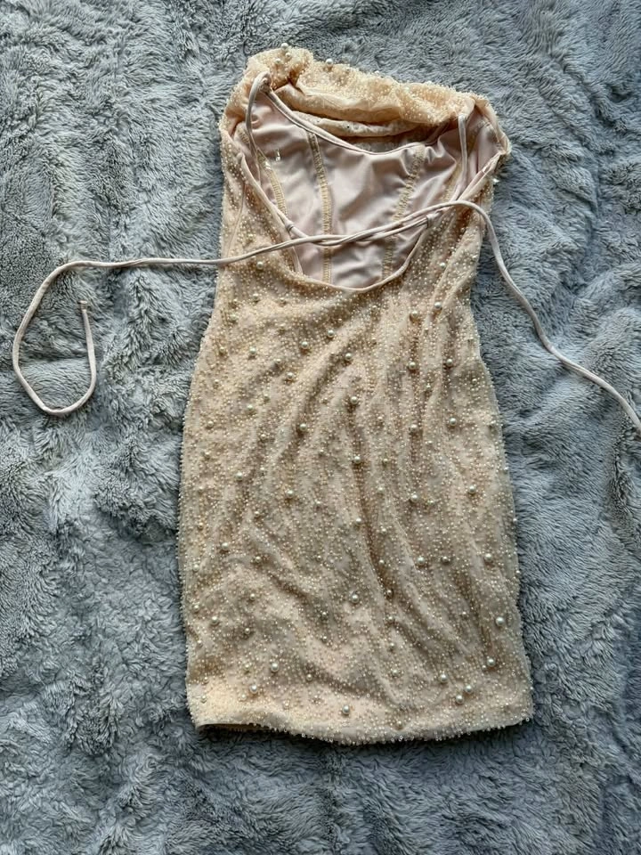Oh Polly Pearl Embellished Dress in Beige - photo 3