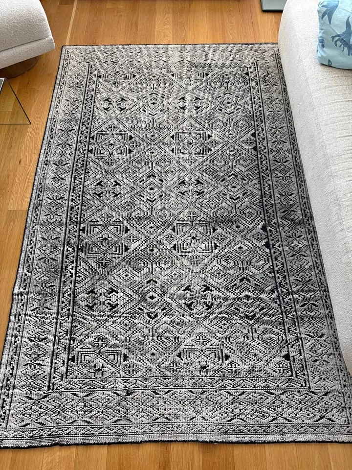 CB2 Raumont Handknotted Black Wool Rug 5x8 with rug pad