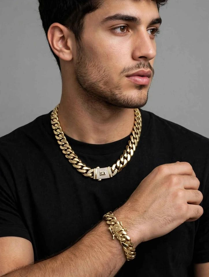 14K Gold Cuban Link Chain Necklace and Bracelet Set