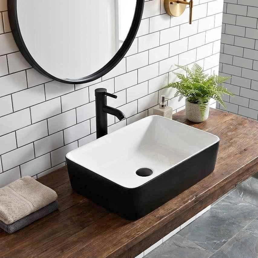 Modern Black and White Ceramic Vessel Sink with Matte Black Fauc