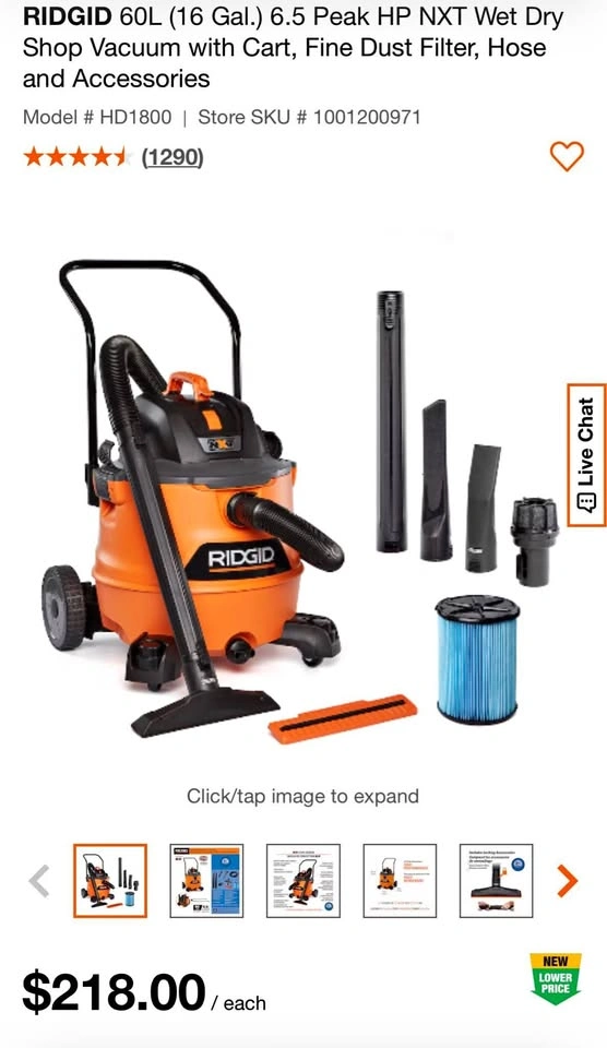 RIDGID 16 Gallon 5.0 Peak HP NXT Wet/Dry Vacuum