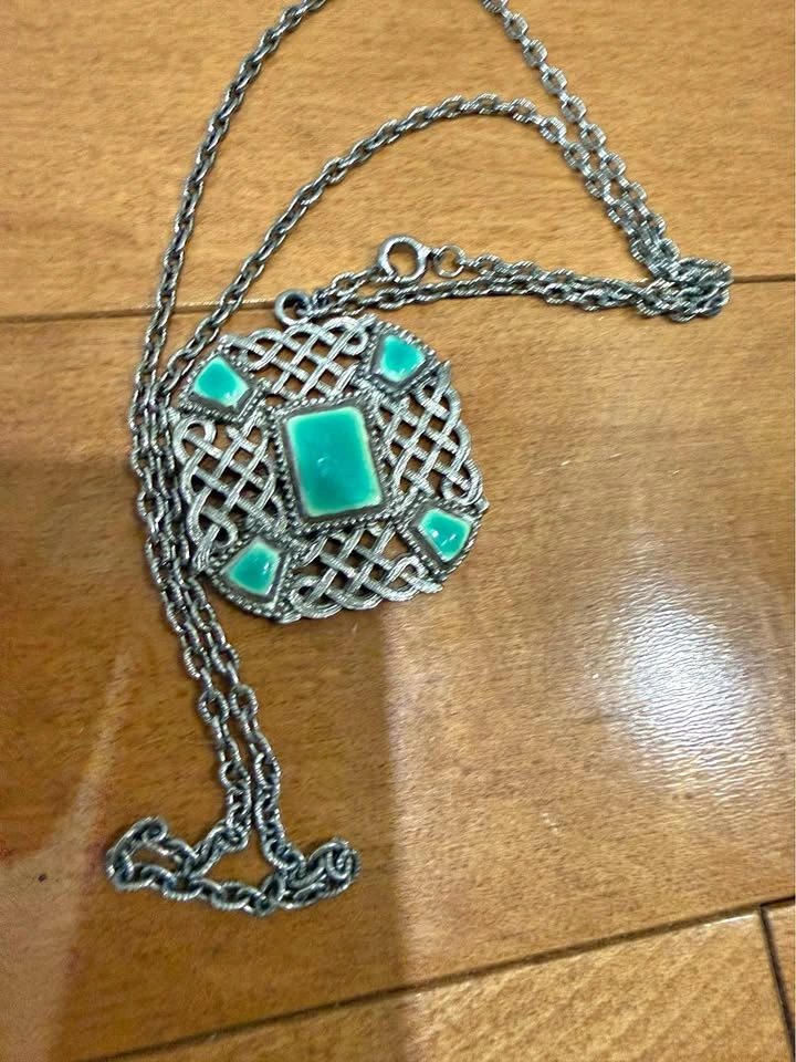 Vintage Celtic Style Green Enamel Pendant Necklace