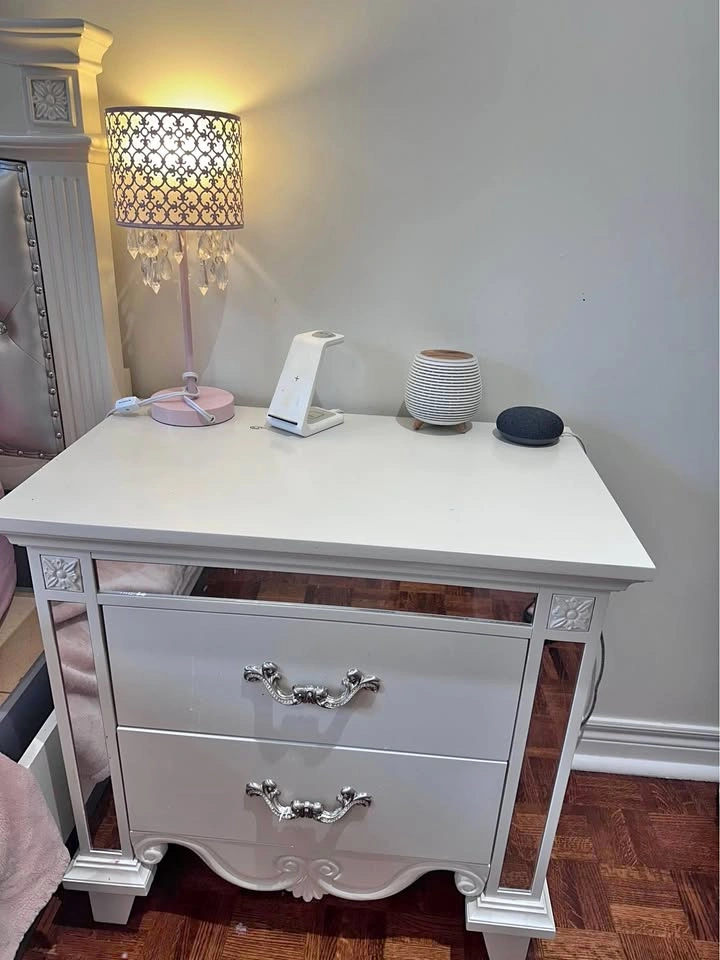 White Mirrored Nightstand with Two Drawers