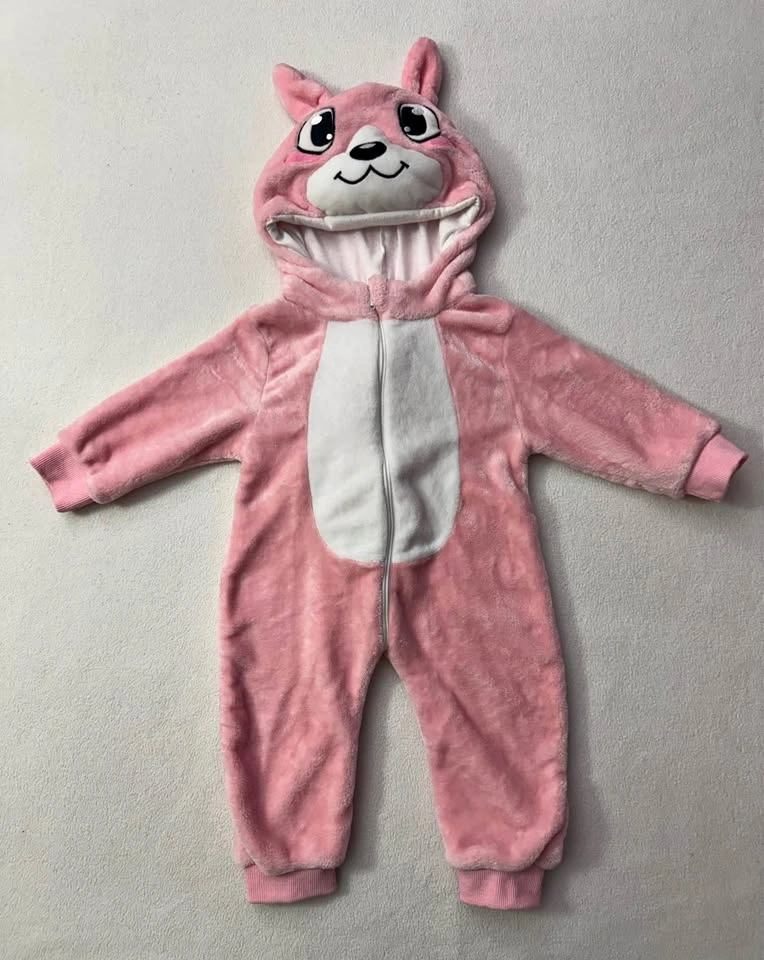 Pink Plush Animal Hooded Baby Onesie Romper - 12m-18m