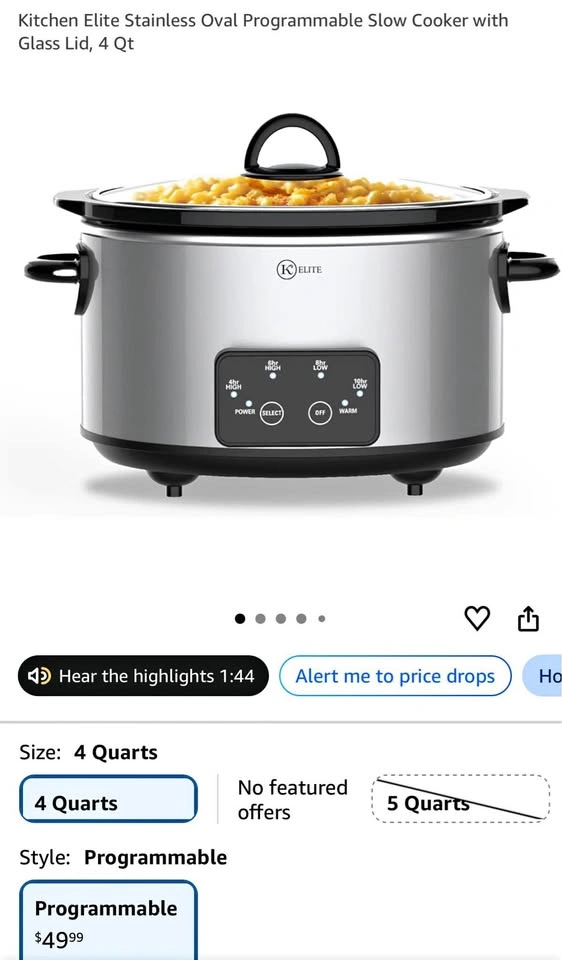 Stainless Oval Programmable Slow Cooker, 4 Qt