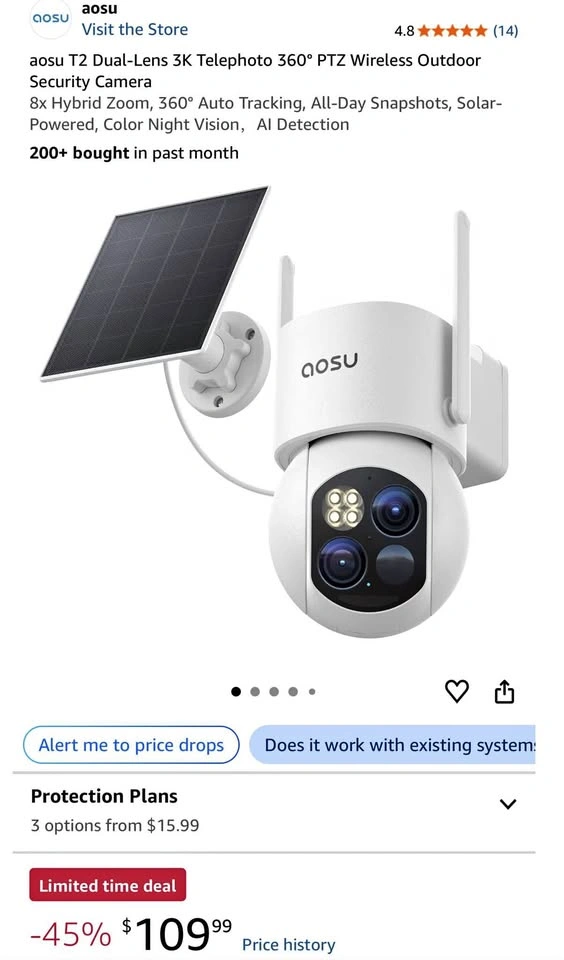 aosu T2 Dual-Lens 3K Telephoto 360° PTZ Solar Security Camera