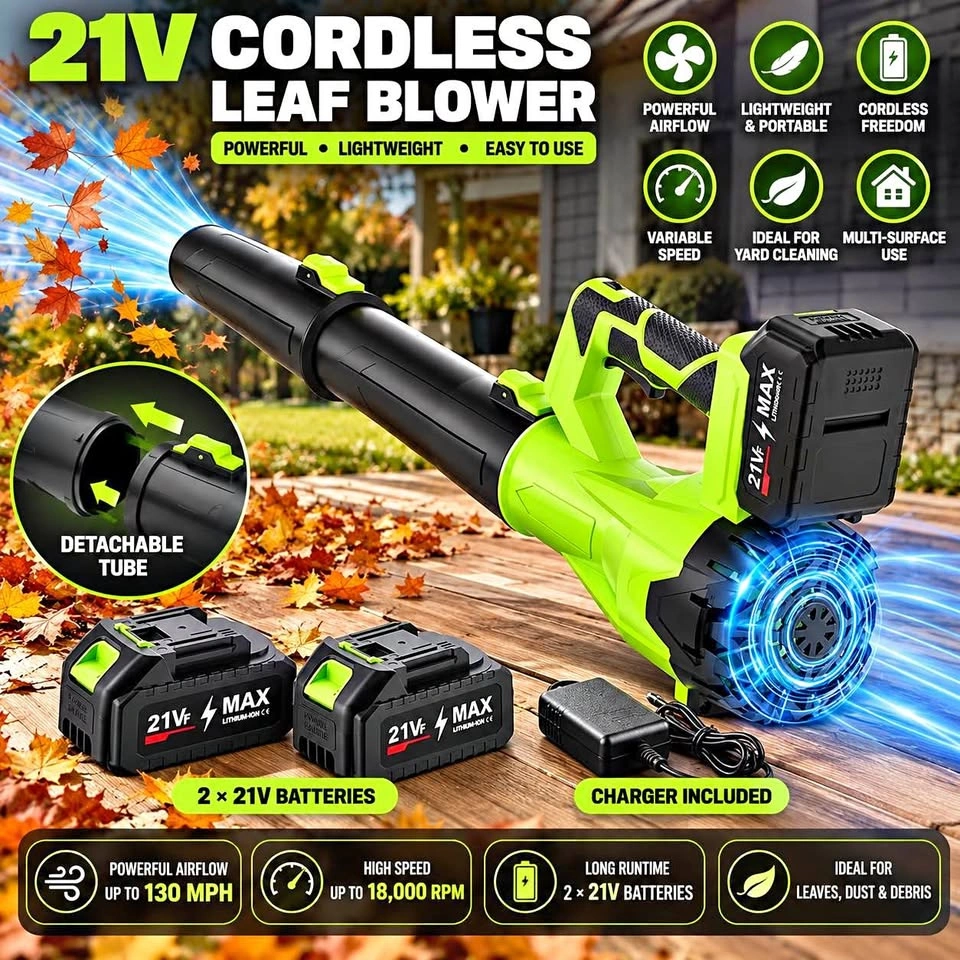21V Cordless Leaf Blower – 2 Batteries & Charger