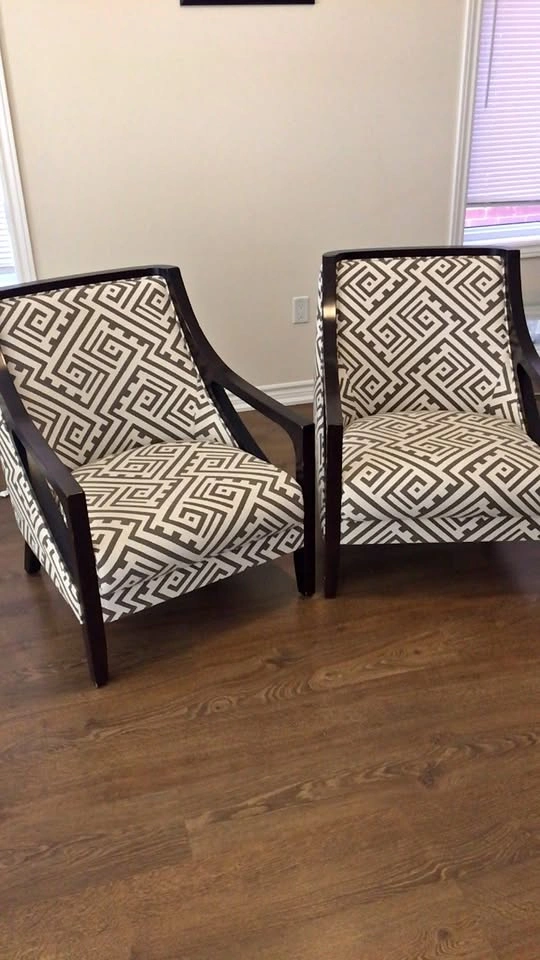 Brown and White Geometric Pattern Wood Frame Armchairs