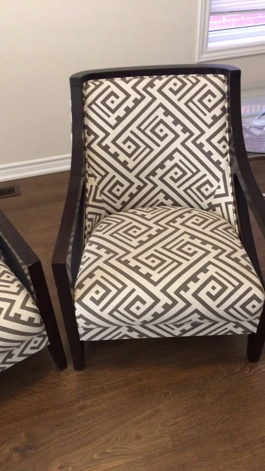 Brown and White Geometric Pattern Wood Frame Armchairs - photo 2