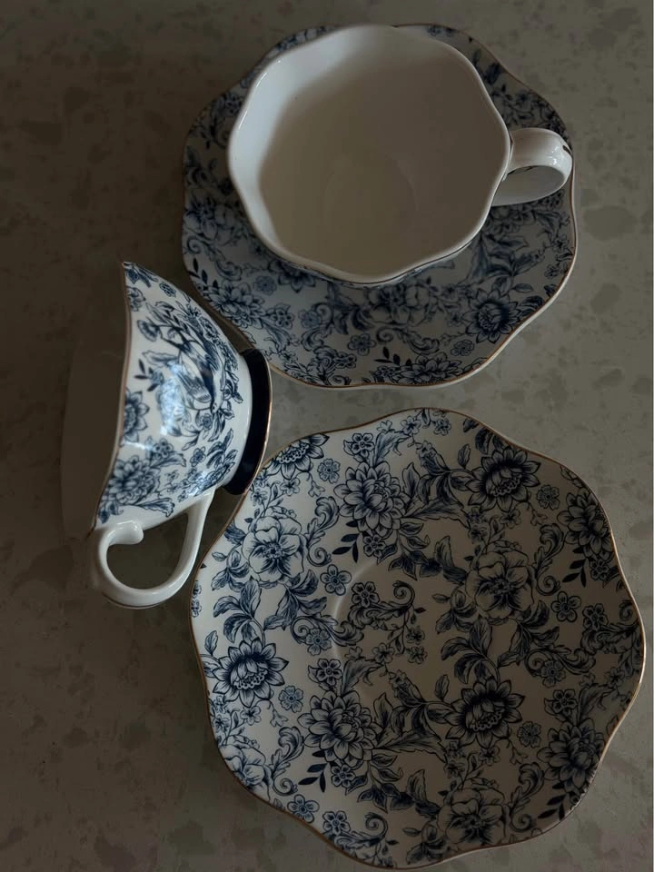 Blue and White Floral Teacup and Saucer Set of 2 - photo 2