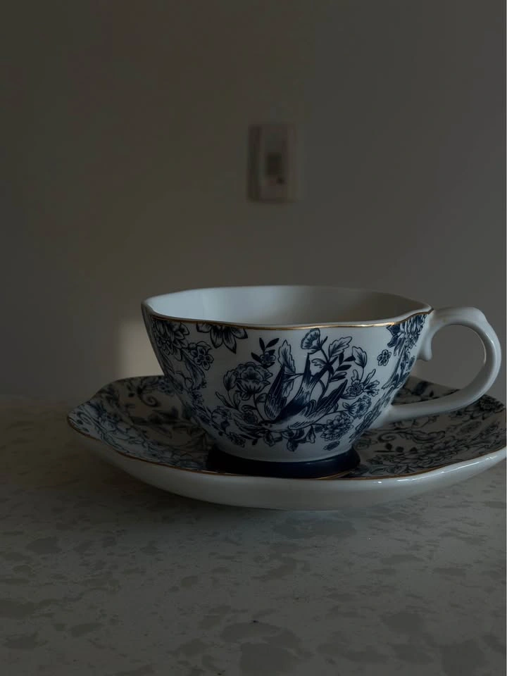 Blue and White Floral Teacup and Saucer Set of 2 - photo 3