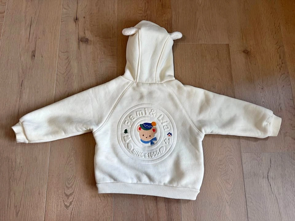 Cute Cream Bear Ear Zip Hoodie – Embroidered Teddy Bear – 18-24m