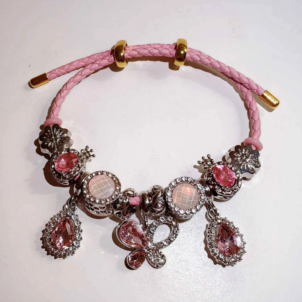 Pink Braided Leather Charm Bracelet with Pink Crystals