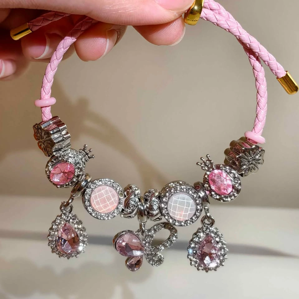 Pink Braided Leather Charm Bracelet with Pink Crystals - photo 2