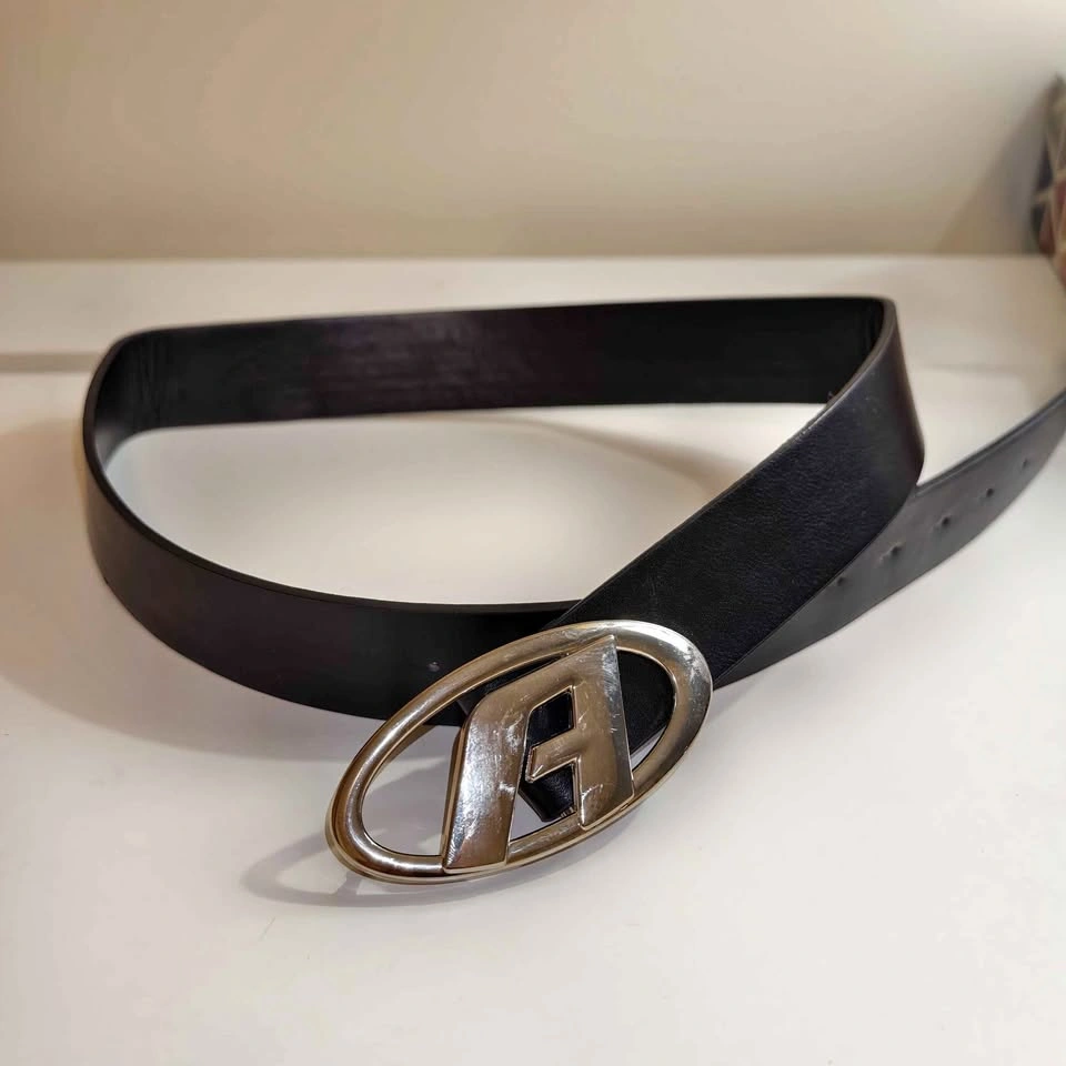 Black Leather Belt with Silver Logo Buckle