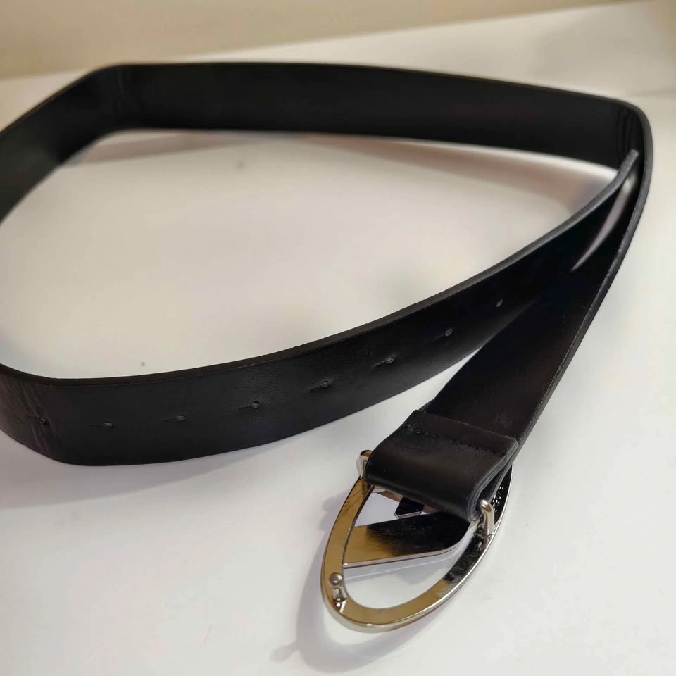 Black Leather Belt with Silver Logo Buckle - photo 2