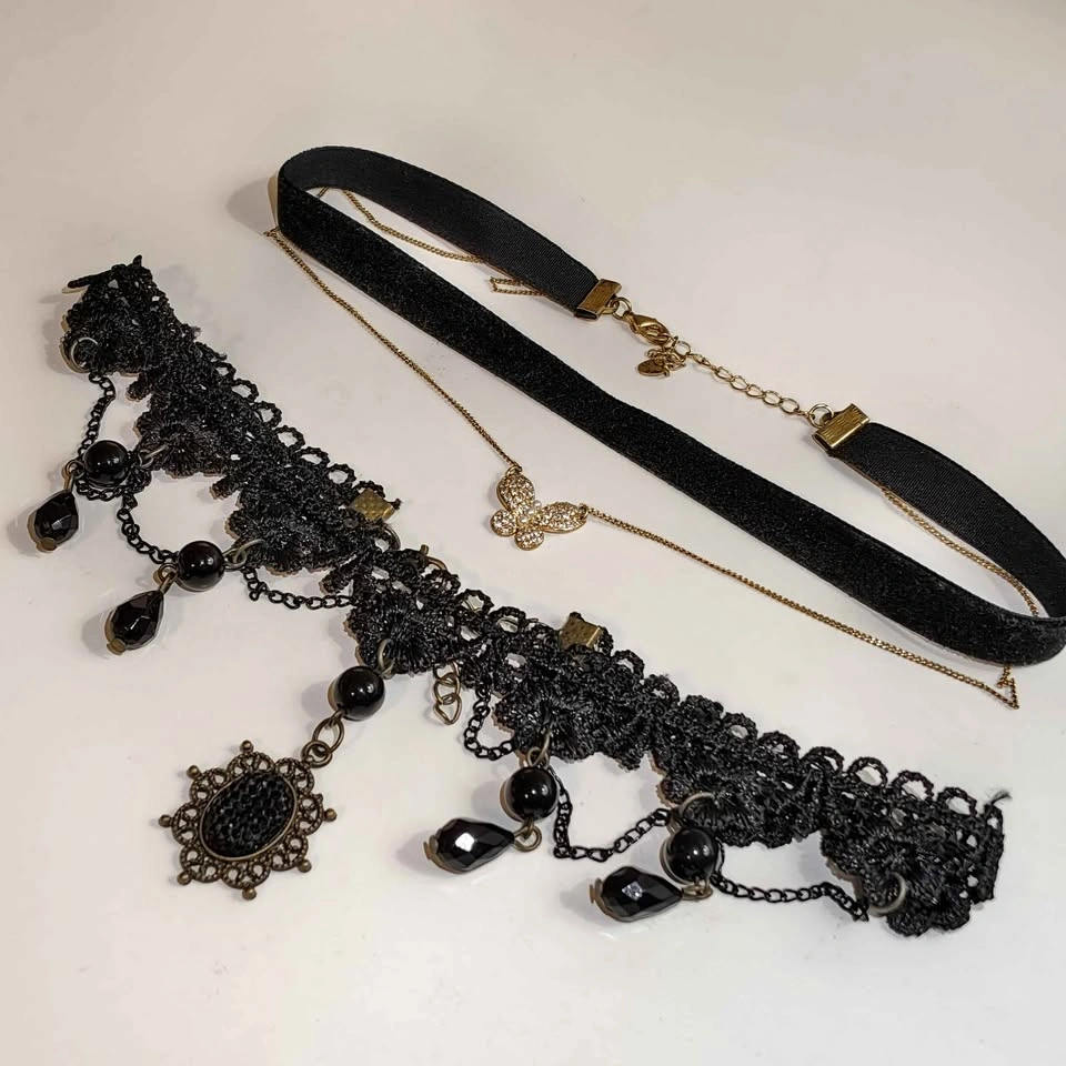 Set of 2 Black Choker Necklaces - Lace and Velvet