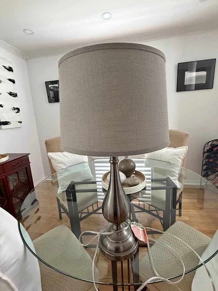 Pair of Brushed Metal Table Lamps with Grey Drum Shade