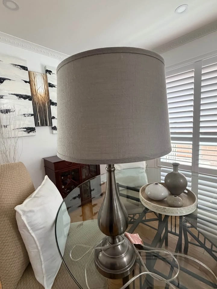Pair of Brushed Metal Table Lamps with Grey Drum Shade - photo 2