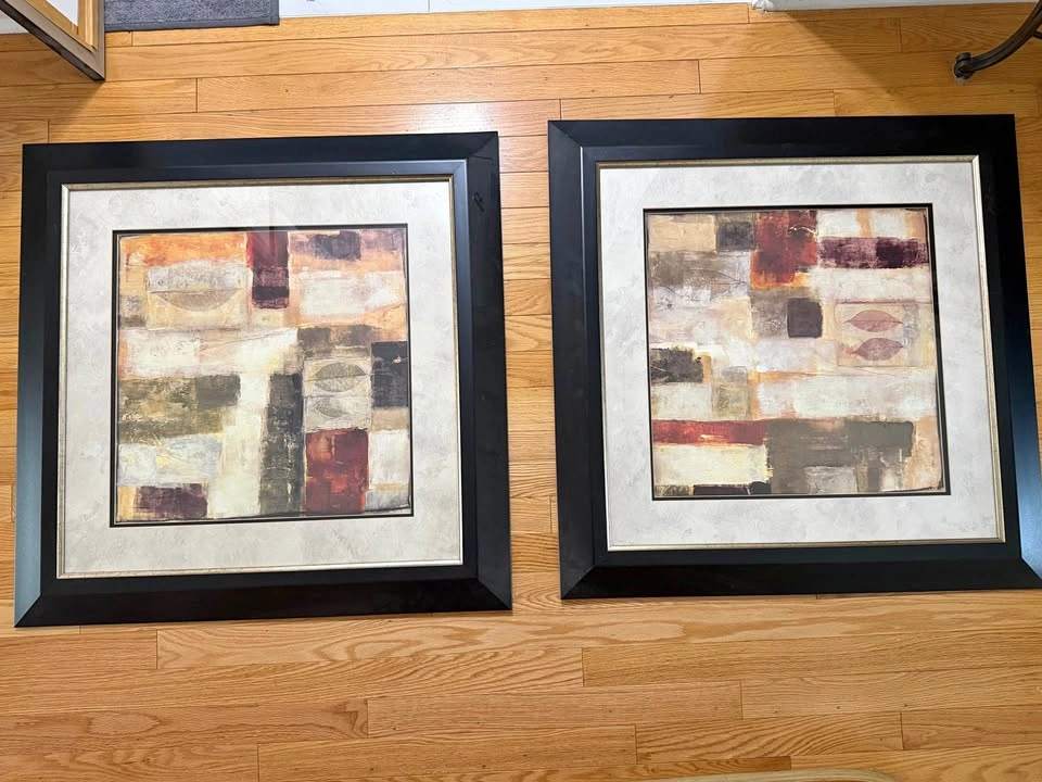 Pair of Large Framed Abstract Square Wall Art Prints (Set of 2)
