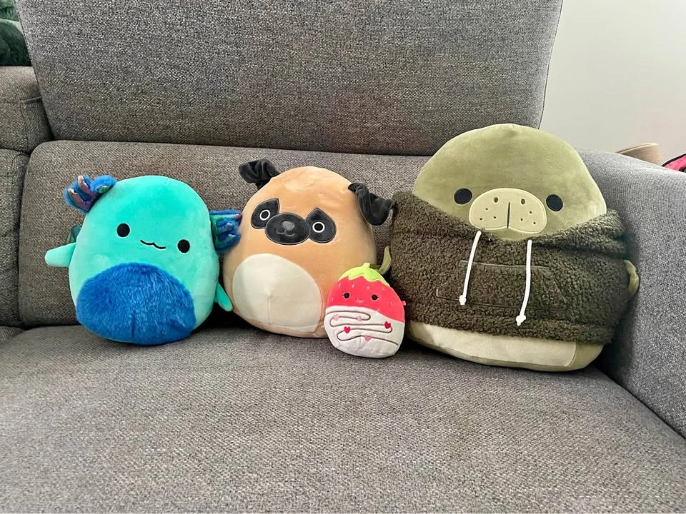 Squishmallows Plush Lot - Axolotl, Pug, Strawberry, and Manatee