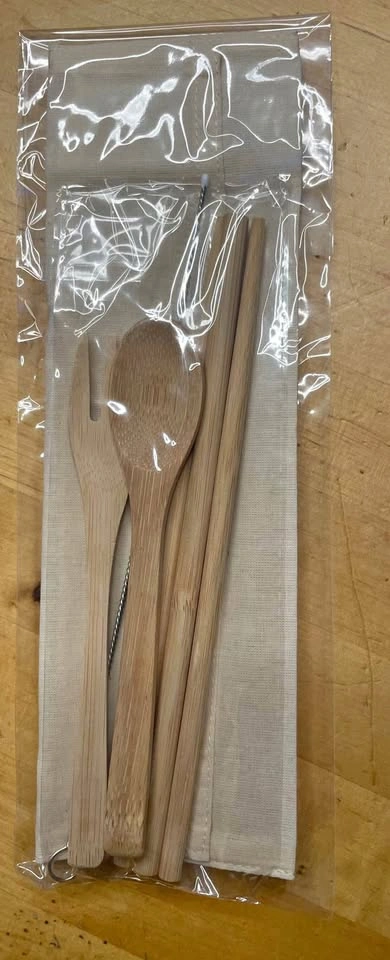 6 piece new bamboo cutlery set (straw, brush, fork, spoon, chops