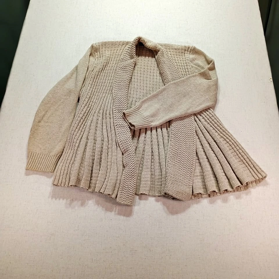 Ellie Louise Beige Open Front Cardigan Pleated Knit Sweater S/M