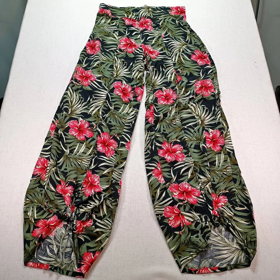 BB Collection Tropical Hibiscus Palm Leaf Wide Leg Pants