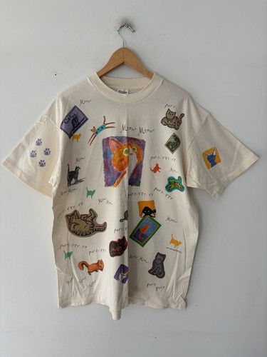 Vintage 90s Rel-e-vant Products Cats All Over Print T-Shirt Size
