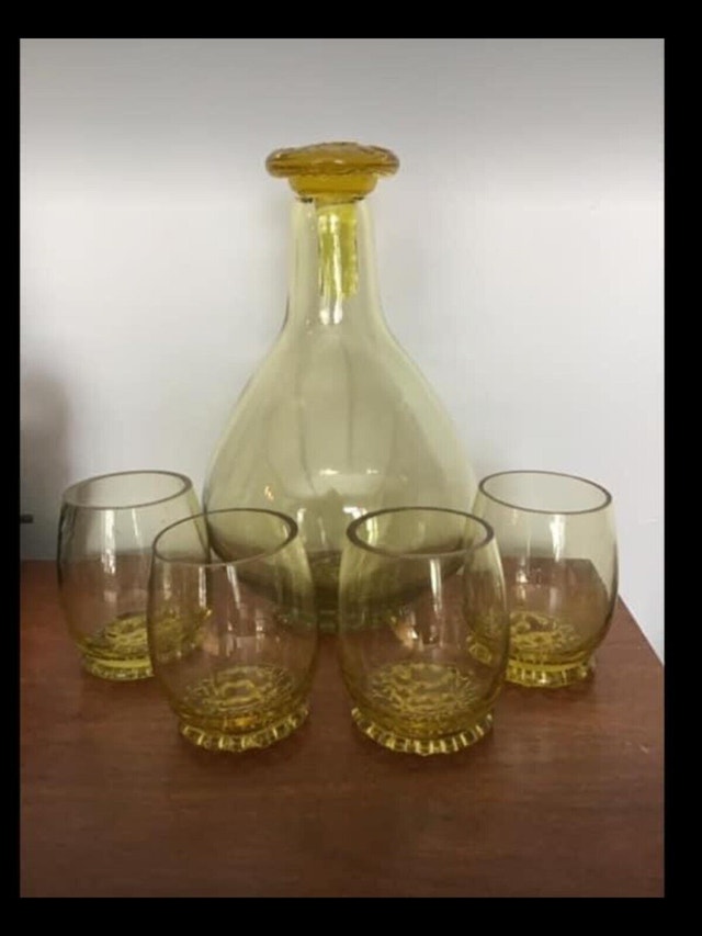 Mid-Century Amber Glass Decanter with Glasses