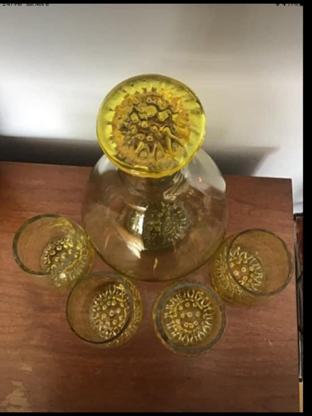 Mid-Century Amber Glass Decanter with Glasses - photo 2