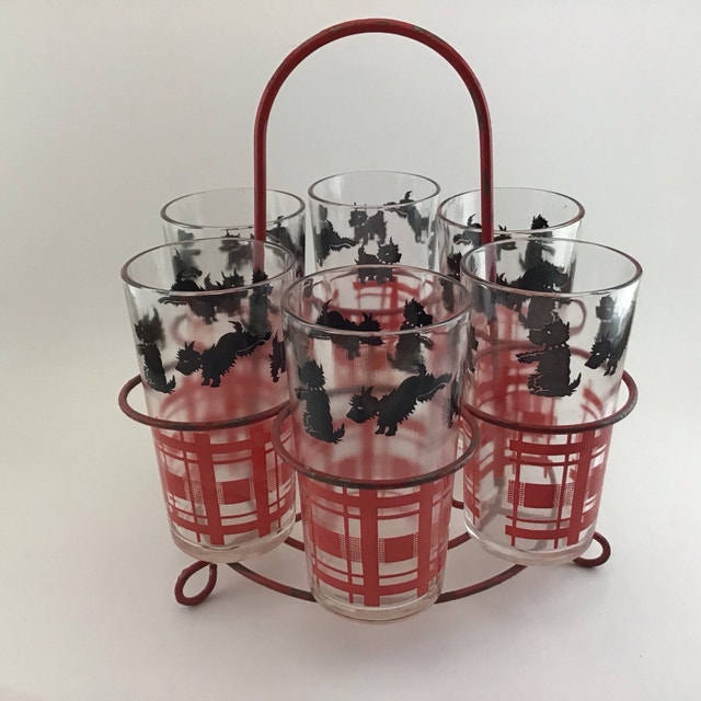 1950s Federal Glass Scotty Dog Glasses in Carrier