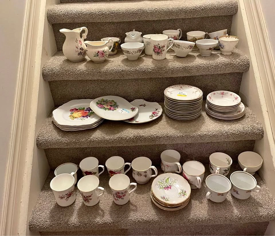 Lot of 60 vintage fine china cups, plates for events