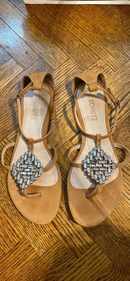 Schutz Crystal Embellished Flat T Strap Sandals Ankle Strap