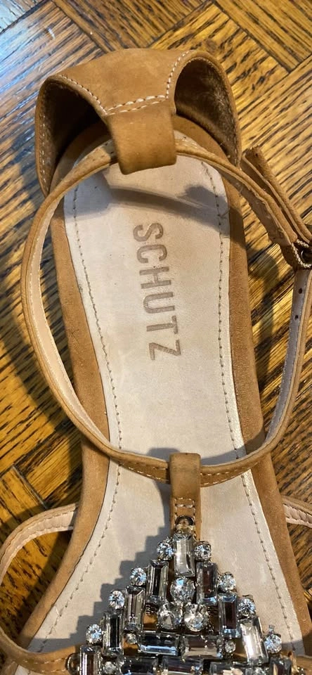 Schutz Crystal Embellished Flat T Strap Sandals Ankle Strap - photo 3