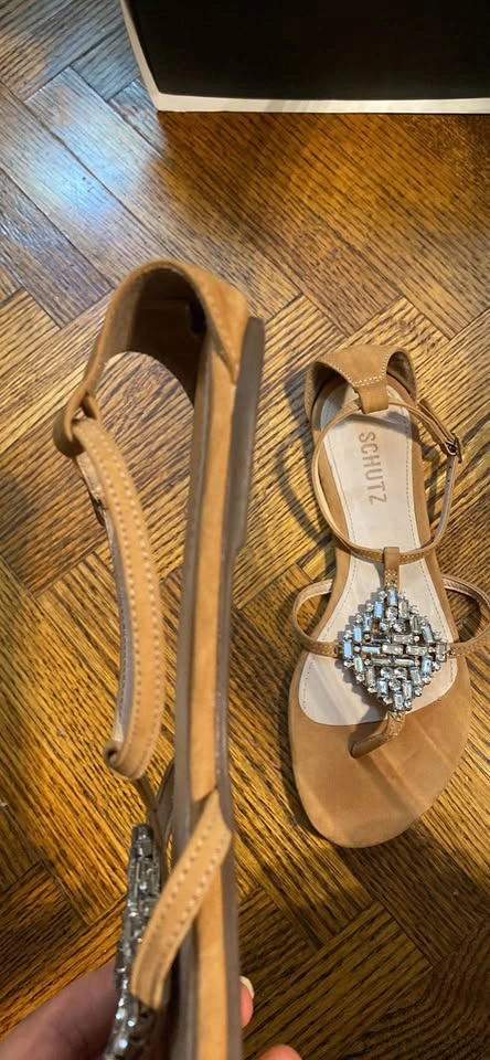 Schutz Crystal Embellished Flat T Strap Sandals Ankle Strap - photo 5