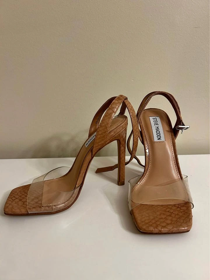 Nude heels with plastic strap / size 6