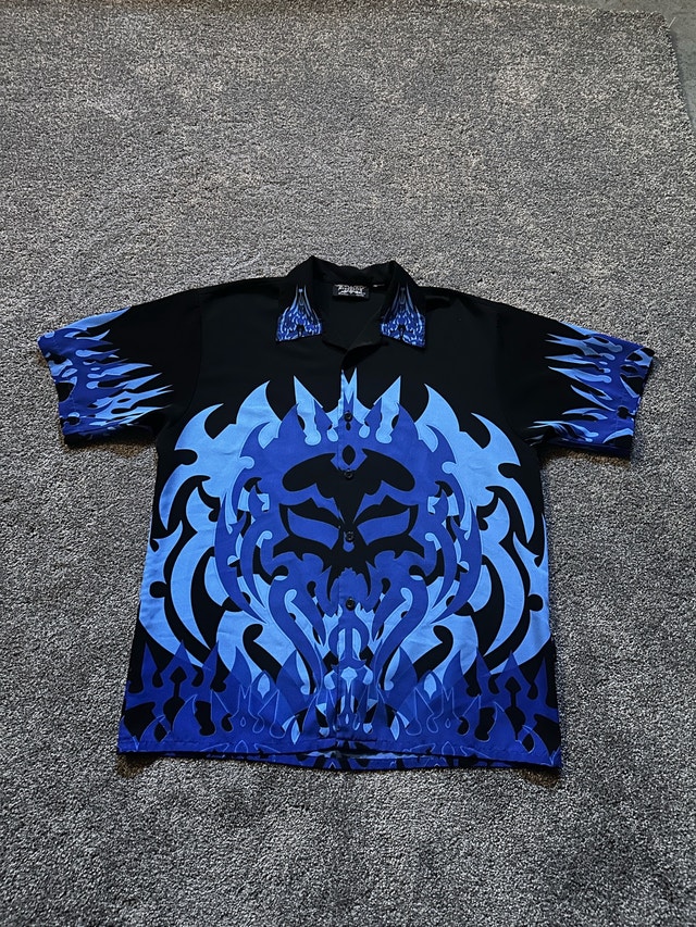 dragonfly 2000s tribal skull flame button up shirt size XL - photo 2